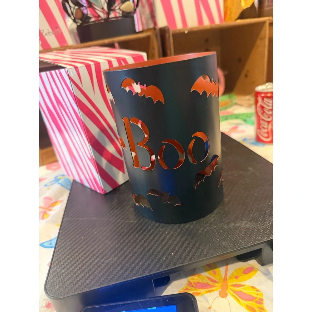 Pink Zebra Halloween Boo Bat Metal Candle Sleeve Black Orange Spooky Decor 6in